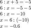 6:x+5=-5\\6:x=-5-5\\6:x=-10\\x=6:(-10)\\x=-0.6