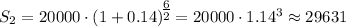 S_2=20000\cdot (1+0.14)^\big{\frac{6}{2}}=20000\cdot 1.14^{3}\approx29631
