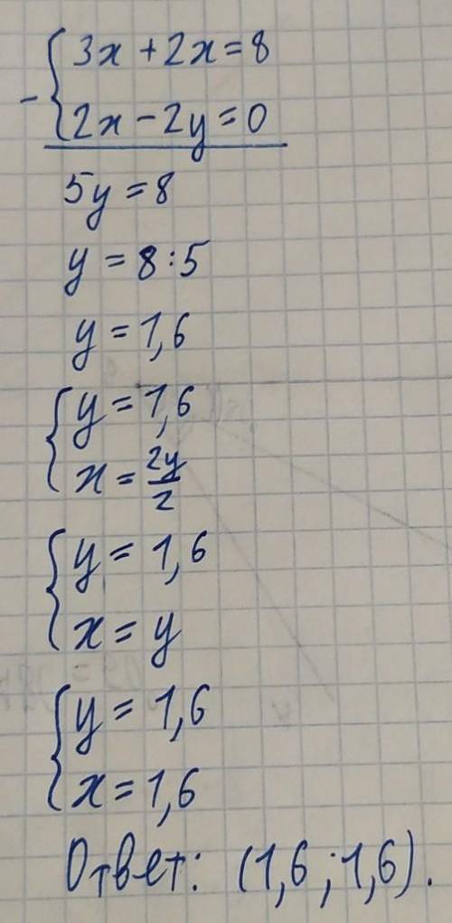 Реши систему уравнений: {3y+2x=8 {2x−2y=0