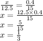 \frac{x}{12.5} = \frac{0.4}{15} \\ x = \frac{12.5 \times 0.4}{15} \\ x = \frac{5}{15} \\ x = \frac{1}{3}