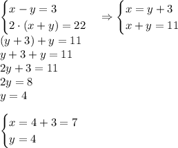 \begin{cases}x-y=3\\2\cdot(x+y)=22\end{cases}\Rightarrow\begin{cases}x=y+3\\x+y=11\end{cases}\\(y+3)+y=11\\y+3+y=11\\2y+3=11\\2y=8\\y=4\\\\\begin{cases}x=4+3=7\\y=4\end{cases}