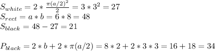 S_{white} = 2*\frac{\pi (a/2)^2}{2} = 3*3^2 = 27\\S_{rect} = a*b = 6*8 = 48\\S_{black} =48 - 27 = 21\\\\P_{black} = 2*b + 2* \pi (a/2) = 8*2 + 2*3*3 = 16+18 = 34