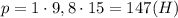 p=1\cdot 9,8\cdot 15=147 (H)