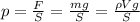 p=\frac F S=\frac {mg}{S}=\frac {\rho Vg}{S}