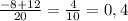 \frac{ - 8 + 12}{20} = \frac{4}{10} = 0,4