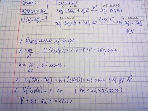 Какой объем этилена (н.у.) нужен для получения 30 г метилэтилового эфира