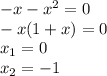 -x-x^2=0 \\ -x(1+x)=0 \\ x_1=0 \\ x_2=-1