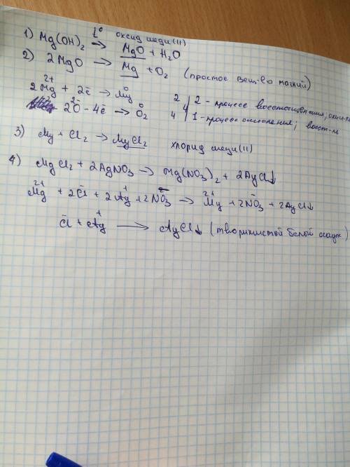 Составьте уравнение реакций по схеме : mg(oh) 2 –> mgo –> mg –> mgcl2 –> mg(no3) 2 реакц