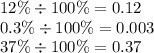 12\% \div 100\% = 0.12 \\ 0.3\% \div 100\% = 0.003 \\ 37\% \div 100\% = 0.37