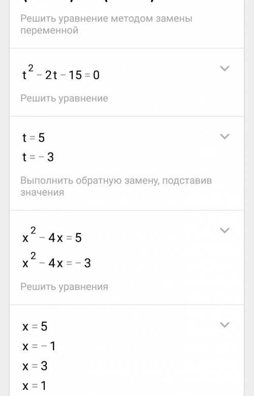 Найдите корни уравнения (x^2-4x)^2-2(x^2-4x)-15=0