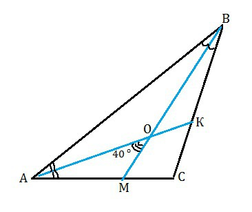 Втреугольнике авс биссектрисы углов а и в пересекаются под углом 40°. найдите угол с треугольника.
