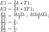 E1=\frac{3}{2}k*T1;\\ E2=\frac{3}{2}k*3T1;\\ \frac{E1}{E2}=\frac{3k*T1}{2}:\frac{3*3*k*T1}{2};\\ \frac{E1}{E2}=\frac{3}{9};\\ \frac{E1}{E2}=\frac{1}{3};\\