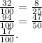 \frac{32}{100} = \frac{8}{25} \\ \frac{94}{100} = \frac{47}{50} \\ \frac{17}{100}. \\