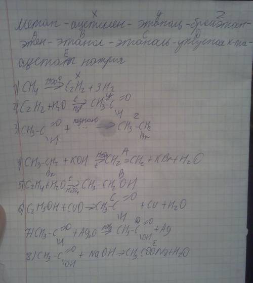 Написать цепочку превращений: метан-ацетилен-этаналь-бромэтан-этен-этанол-этаналь-уксусная кислота-а