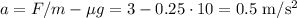 a=F/m-\mu g=3-0.25\cdot10=0.5\text{ m/s$^2$}