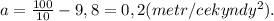 a = \frac{100}{10} - 9,8 = 0,2 (metr/cekyndy^2).