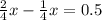 \frac{2}{4}x - \frac{1}{4}x = 0.5