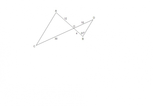 Ab и cd пересекаются в точке o,ao=12 см,bo=4 см,co=30 см,do=10 см.найдите угол cao,если угол dbo=61 