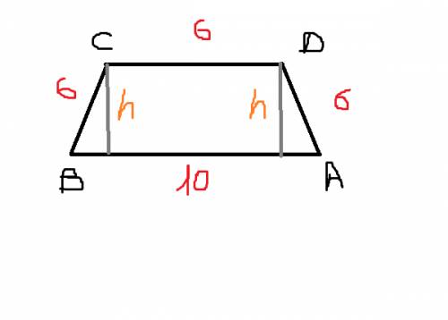 Дано: авсд - равнобедренная трапеция ад=дс=св=6 ав=10 дк - h найти: h