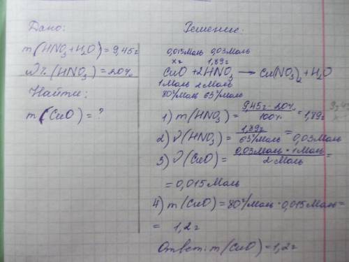 Вычислить массу оксида меди который может вступить в реакцию с раствором азотной кислоты массой 9,45