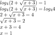 log_{4}(2+\sqrt{x+3})=1\\ log_{4}(2+\sqrt{x+3})=log_{4}4\\ 2+\sqrt{x+3}=4\\\sqrt{x+3}=2\\ x+3=4\\ x=1