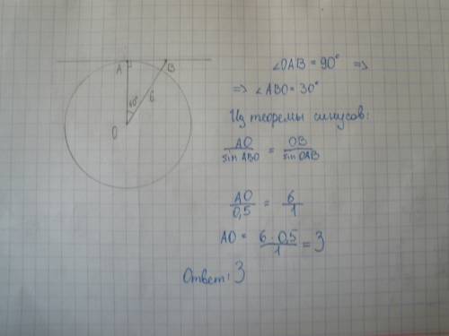 Через точку а окружности с центром о проведена касательная ав .найдите радиус окружности,если ов=6,у