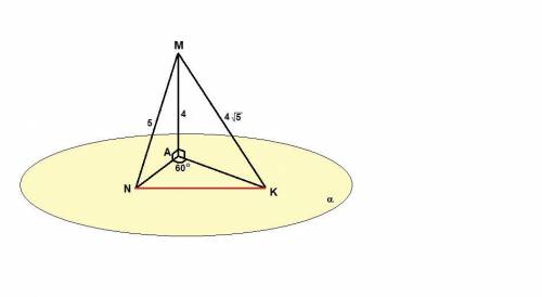 Із точки м до площини а(альфа) проведено перпендикуляр ма та похилі mn i mk.кут між проекціями цих п