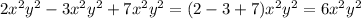 2x^2y^2-3x^2y^2+7x^2y^2=(2-3+7)x^2y^2=6x^2y^2