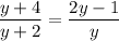 \displaystyle \frac{y+4}{y+2}=\frac{2y-1}{y}