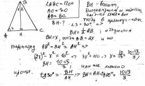 Вравнобедренном треугольнике основание равно 20, а угол между боковыми сторонами равен 120 градусам;