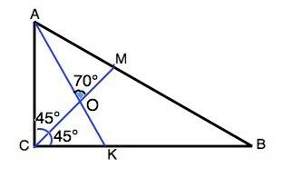 Найти углы прямоугольного треугольника, если биссектрисы двух его углов пересекаются под углом 70гра
