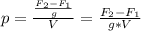 p = \frac{\frac{F_2-F_1}{g}}{V} = \frac{F_2-F_1}{g*V}