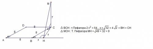 решить к плоскости ромба abcd у которого la = 45 °, ab = 8 см, проведен перпендикуляр мс длиной 7