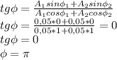 tg\phi = \frac{A_1sin\phi_1+A_2sin\phi_2}{A_1cos\phi_1+A_2cos\phi_2}\\ tg\phi=\frac{0,05*0+0,05*0}{0,05*1+0,05*1}=0\\ tg\phi=0\\ \phi=\pi