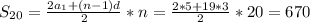 S_{20}=\frac{2a_1+(n-1)d}{2} *n=\frac{2*5+19*3}{2}*20= 670