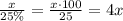 \frac{x}{25\%}=\frac{x\cdot100}{25}=4x