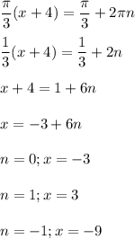 \displaystyle \frac{ \pi }{3}(x+4)= \frac{ \pi }{3}+2 \pi n\\\\ \frac{1}{3}(x+4)= \frac{1}{3}+2n\\\\x+4=1+6n\\\\x=-3+6n\\\\n=0; x=-3\\\\n=1; x=3\\\\n=-1; x=-9