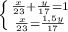 \left \{ {{\frac{x}{23}+\frac{y}{17}=1} \atop {\frac{x}{23}=\frac{1,5y}{17}}} \right.