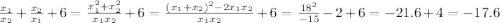 \frac{x_1}{x_2}+\frac{x_2}{x_1}+6=\frac{x^2_1+x^2_2}{x_1x_2}+6=\frac{(x_1+x_2)^2-2x_1x_2}{x_1x_2}+6=\frac{18^2}{-15}-2+6=-21.6+4=-17.6