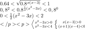 0.64<\sqrt{0.8^{x(x-3)}}<1\\ 0,8^2<0.8^{\frac{1}{2}(x^2-3x)}<0,8^0\\ 0<\frac{1}{2}(x^2-3x)<2\\</p&#10;<p\left \0<x^2-3x0} \atop {x^2-3x<4}}\\ \right \left \{ {{x(x-3)0} \atop {(x+1)(x-4)<0}} \right