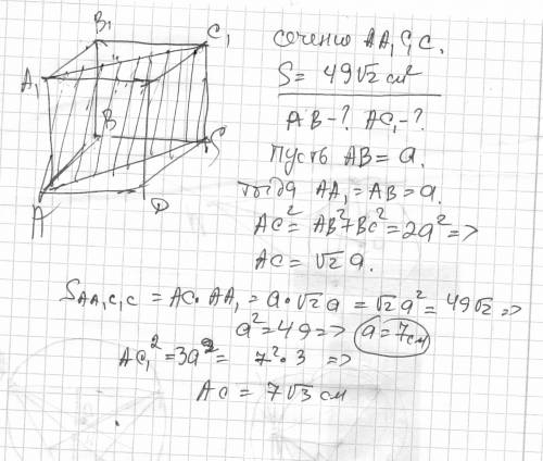 Через два противолежащих ребра куба проведено сечение, площадь которого равна 49 корень из 2 см^2. н