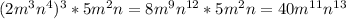 (2m^3n^4)^3*5m^2n=8m^9n^{12}*5m^2n=40m^{11}n^{13}