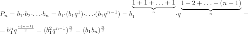 P_n = b_1 \cdot b_2 \cdot \ldots \cdot b_n = b_1 \cdot (b_1q^1}) \cdot \ldots \cdot (b_1 q^{n-1}) = b_1^{\underbrace{1 + 1 + \ldots + 1}_{n}} \cdot q^{\underbrace{1 + 2 + \ldots + (n - 1)}_{n}} =\\= b_1^n q^{\frac{n(n-1)}{2}} = (b_1^2q^{n-1})^\frac{n}{2} = (b_1b_n)^\frac{n}{2}