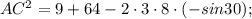 AC^{2}=9+64-2\cdot 3\cdot 8\cdot (-sin30);