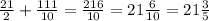 \frac{21}{2}+\frac{111}{10}=\frac{216}{10}=21\frac{6}{10}=21\frac{3}{5}