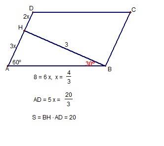 Острый угол между сторонами ab=8см и ad параллелограмма abcd равен 60.высота опущенная из вершины уг