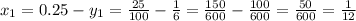 x_1=0.25-y_1=\frac{25}{100}-\frac{1}{6}=\frac{150}{600}-\frac{100}{600}=\frac{50}{600}=\frac{1}{12}