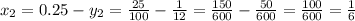 x_2=0.25-y_2=\frac{25}{100}-\frac{1}{12}=\frac{150}{600}-\frac{50}{600}=\frac{100}{600}=\frac{1}{6}