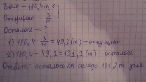 На складе было 180.4 тонн угля. для отопления школ отпущено 3/11 этого угля. сколько тонн угля остал