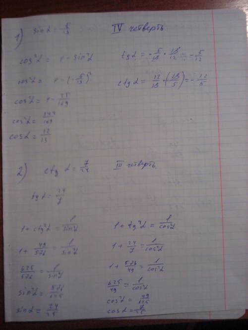 По одному из данных чисел sin альфа; cos альфа; tg альфа; ctg альфа; найти остальные три: 1) sin аль